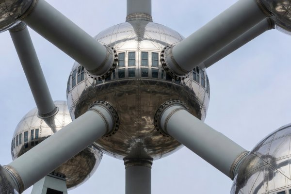 Close-up of stainless steel spheres and diagonal tubes of the Atomium