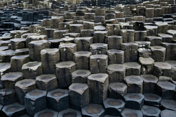 Detail view of hexagonal joints and basalt columns at Giant's Causeway