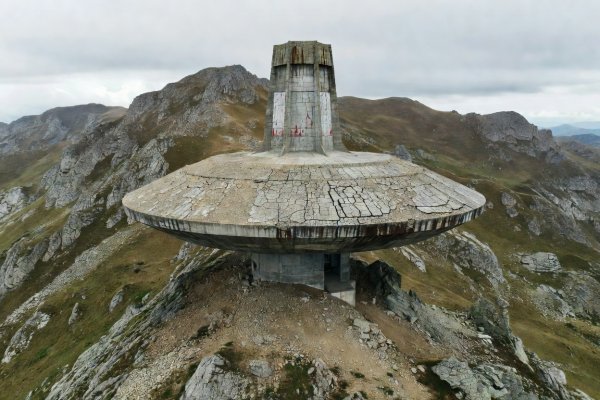 Concrete saucer monument of Buzludzha perched atop a Balkan mountain peak
