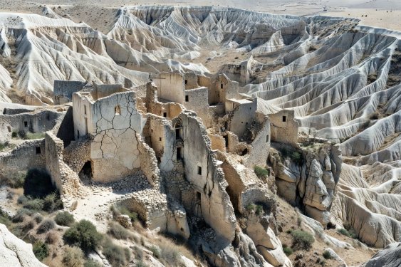 Craco hill village crumbling into clay ravine below Norman tower
