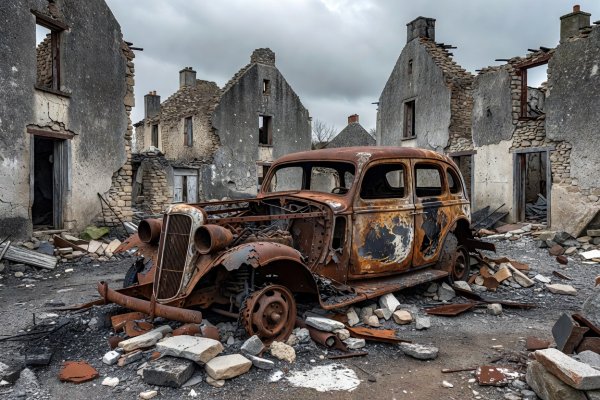 Rusted vintage vehicle chassis surrounded by roofless stone cottages in Oradour-sur-Glane