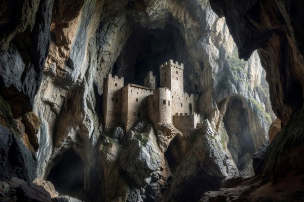 Predjama Castle fortress set deep into a limestone vertical cave mouth
