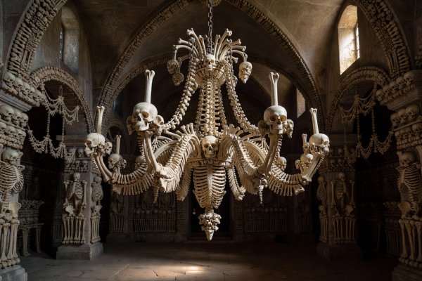 Intricate bone chandelier hanging inside Sedlec Ossuary
