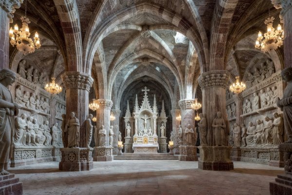 St. Kinga's Chapel carved entirely from underground rock salt in Wieliczka